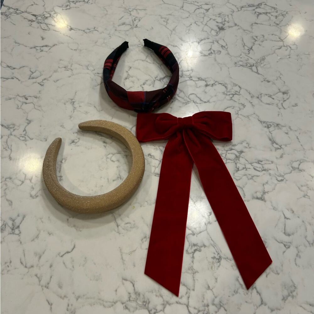 Lot of 3 Hair Accessories 2 Headbands One Bow Red Plaid Gold Tan